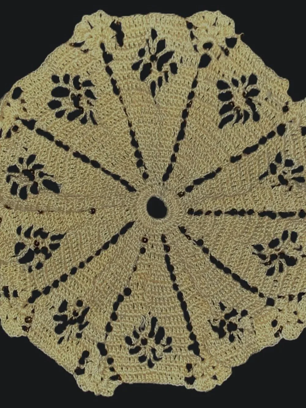MCM Doilies Crocheted Blue & White Chair Accent Set Yellow w Glass Beads 18” Vtg